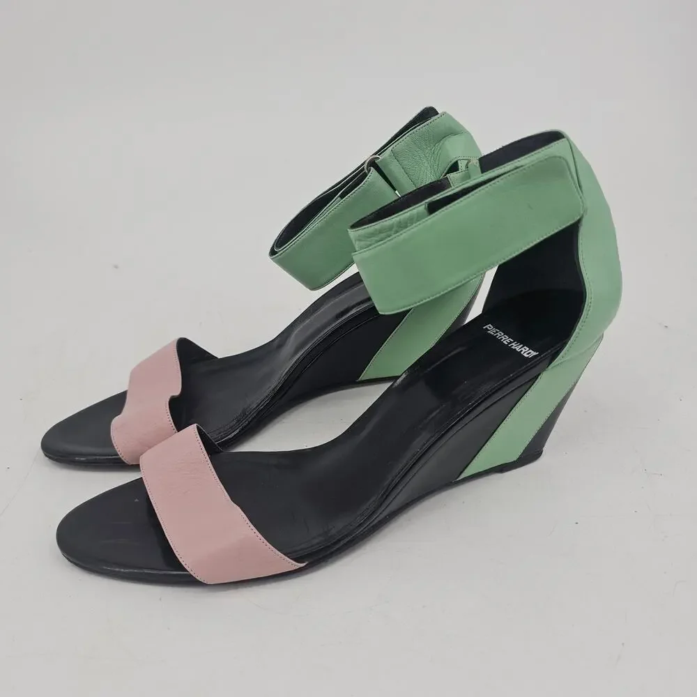 Pierre Hardy Leather Colorblock Wedge Sandal Shoe Green Pink Black EU 40 US 9.5